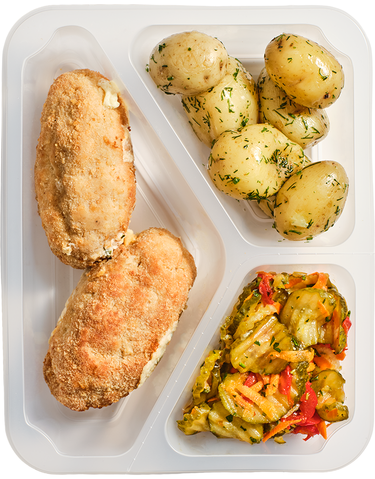 Devolay z ziemniakami z koperkiem i sałatką szwedzką