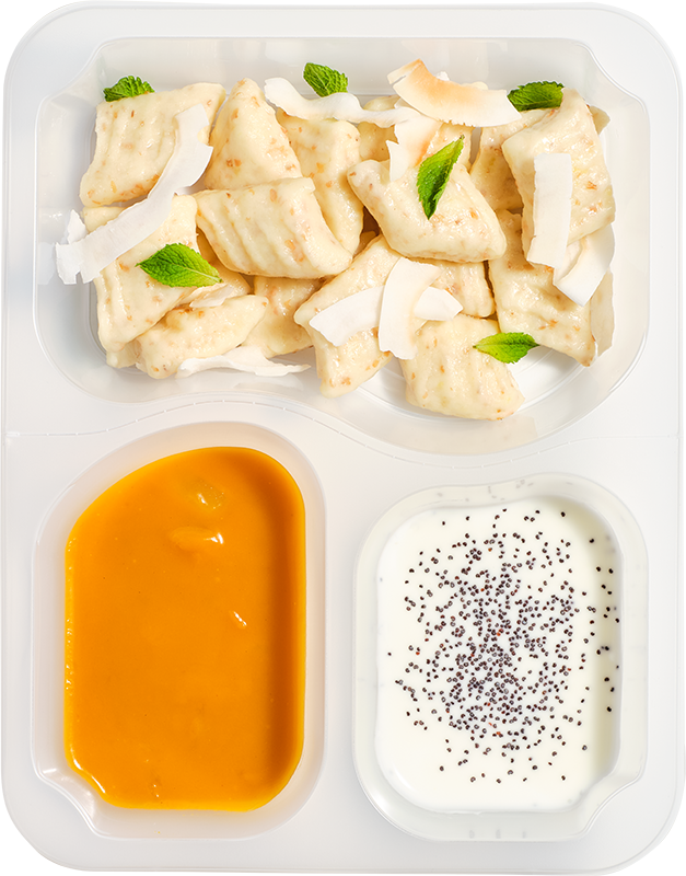 Basic - Kluski leniwe z jogurtem i musem mango, chipsy z kokosa