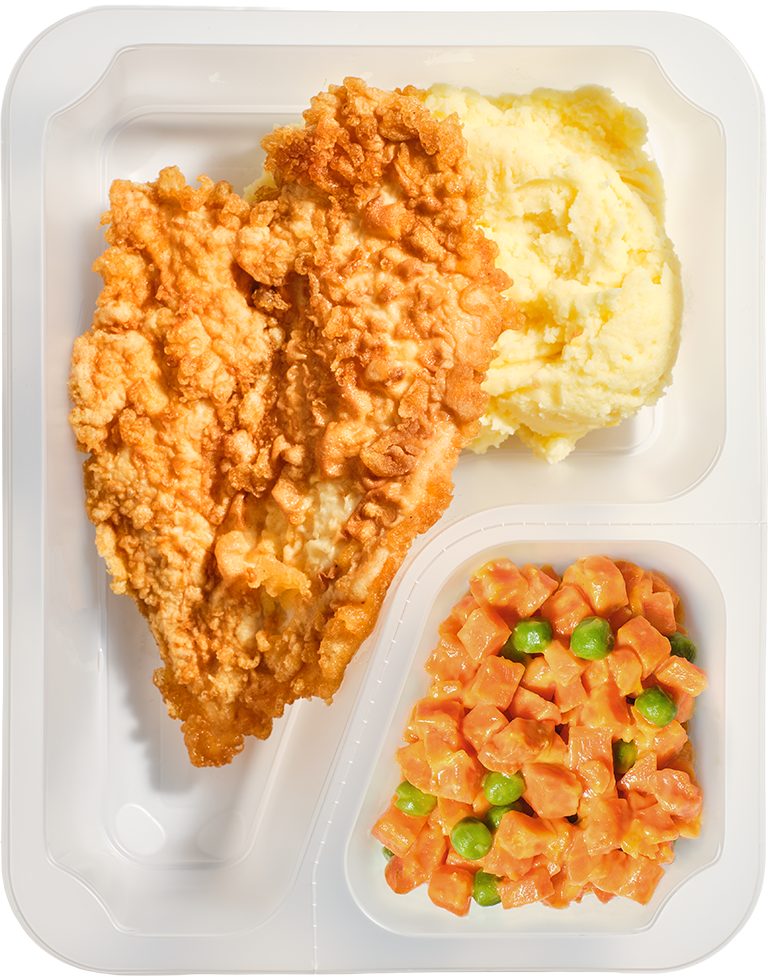 Kotlet paryski z puree ziemniaczanym i marchewką z groszkiem